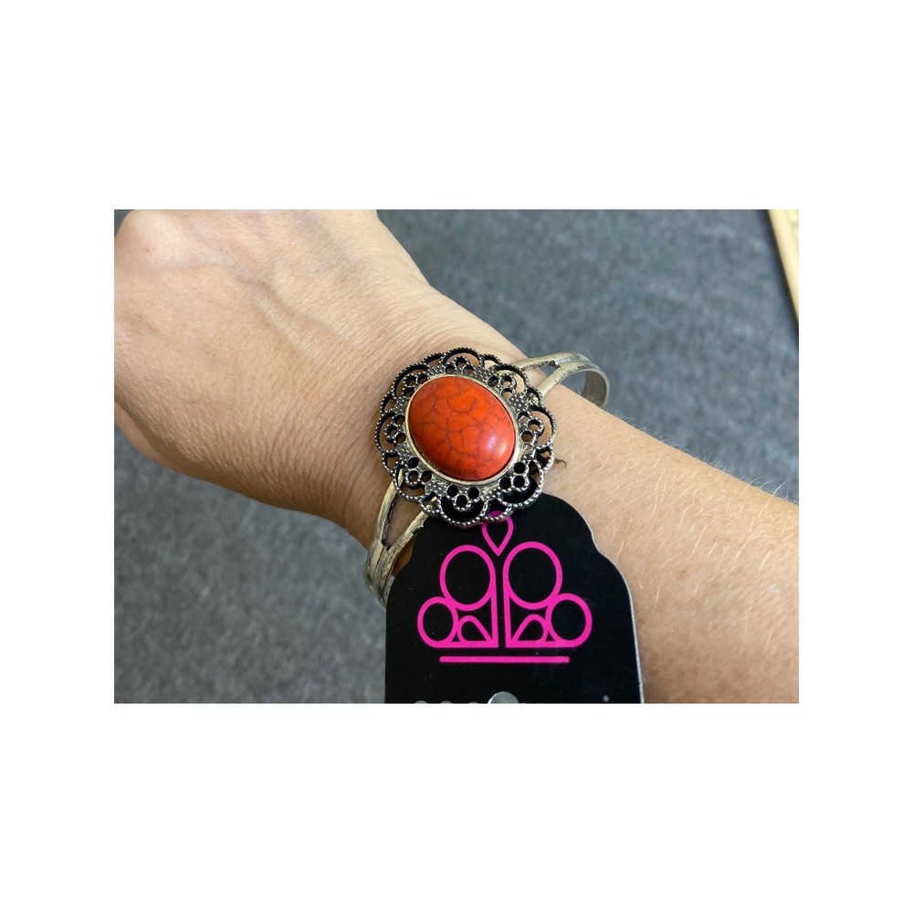 Paparazzi Silver Orange Faux Stone Filigree Cuff Bracelet Vintage Style Boho
